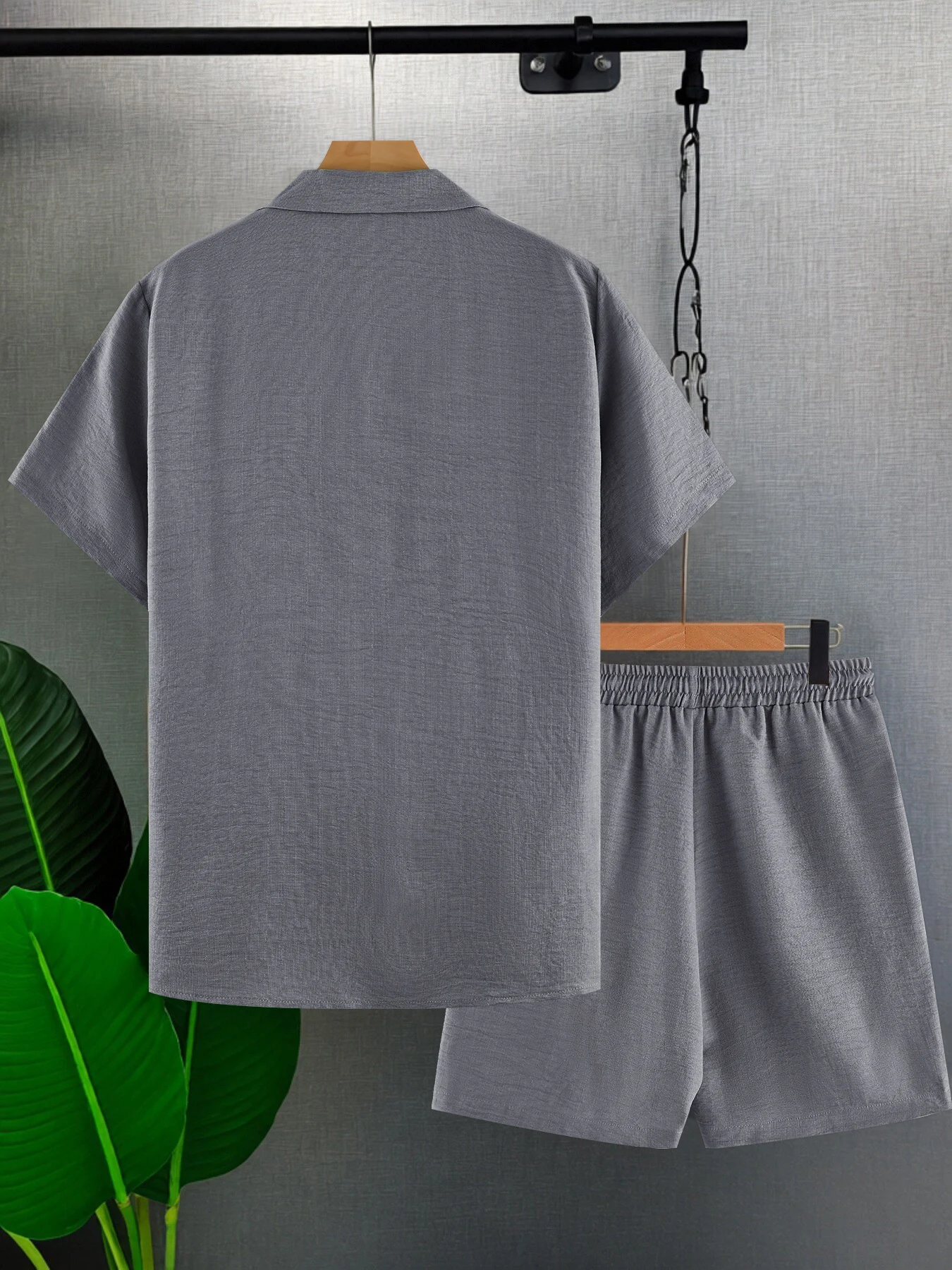 Men's Gray Textured Short-Sleeved Blazer and Shorts Two-Piece Set, Summer Casual Suit, Men's Light Business Daily Outfit Set view 3
