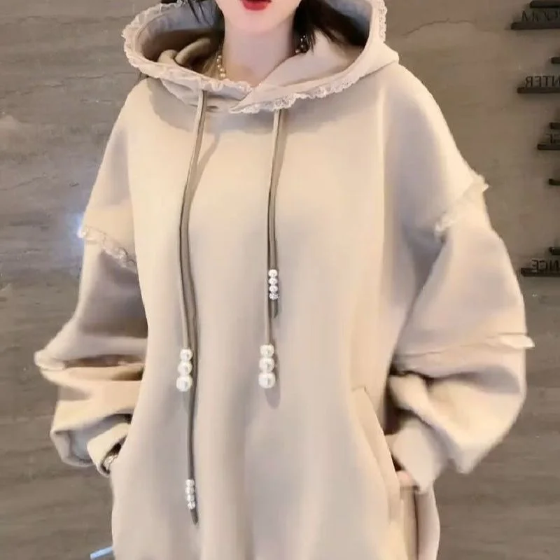 

Модные толстовки с капюшоном для женщин, осень-зима, новые свободные свитера большого размера, пуловер, бархатное кружево, длинная повседневная толстовка с капюшоном, топы, пальто