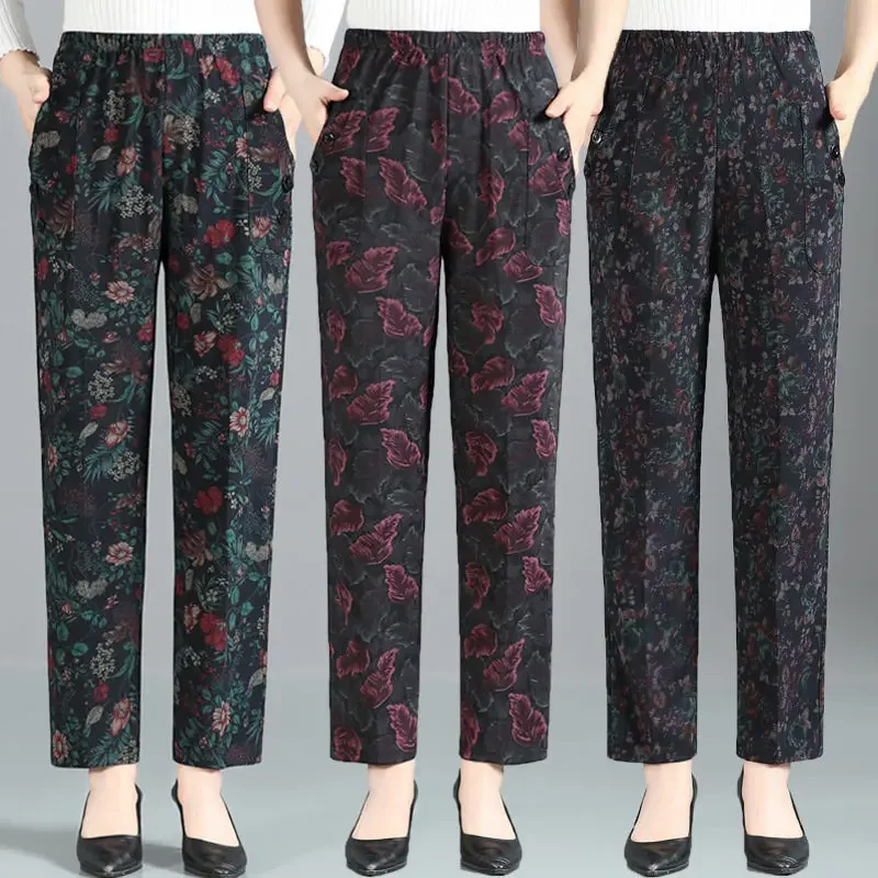 

Vintage Woman Loose Straight Pants Big Size High Waist Elastic Band Floral Print Spring Autumn Female Casual Trousers 2023 E190