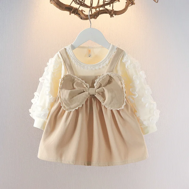 Spring And Autumn New Fake Two Piece Long Sleeve Baby Girl Dress, Sweet Bow Children'S Clothing For 6-24 Months