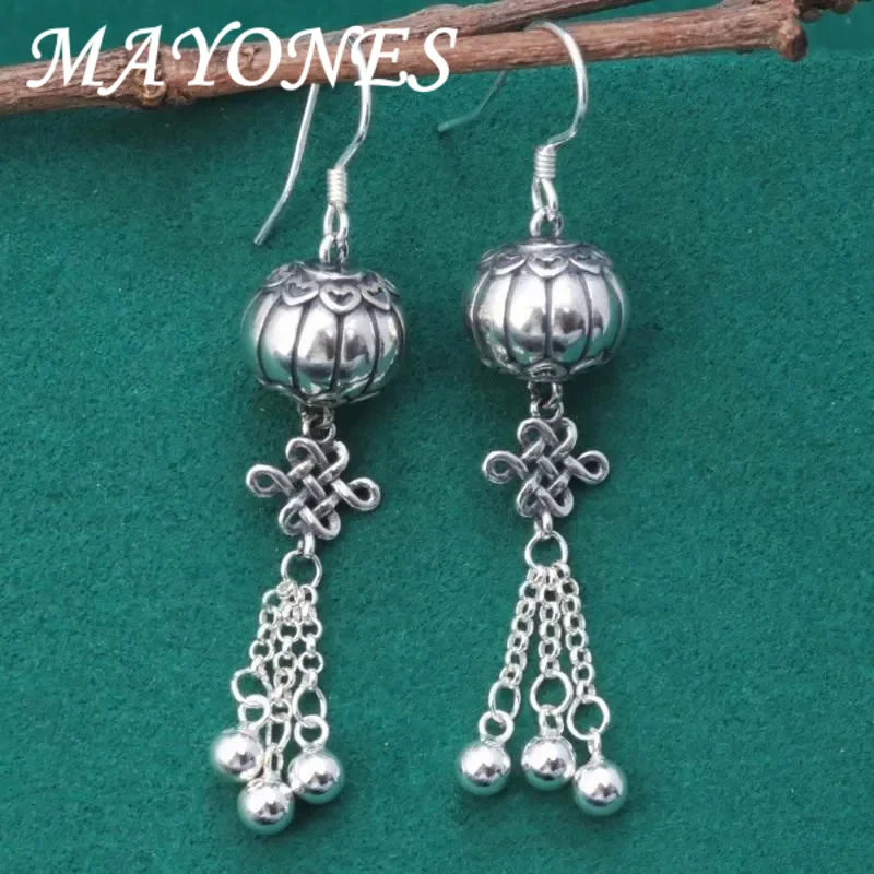 MAYONES Vintage Style Melon Shape Drop Earrings For Women 925 Sterling Silver Chinese Knot Long Tassel Earring Jewelry EH215