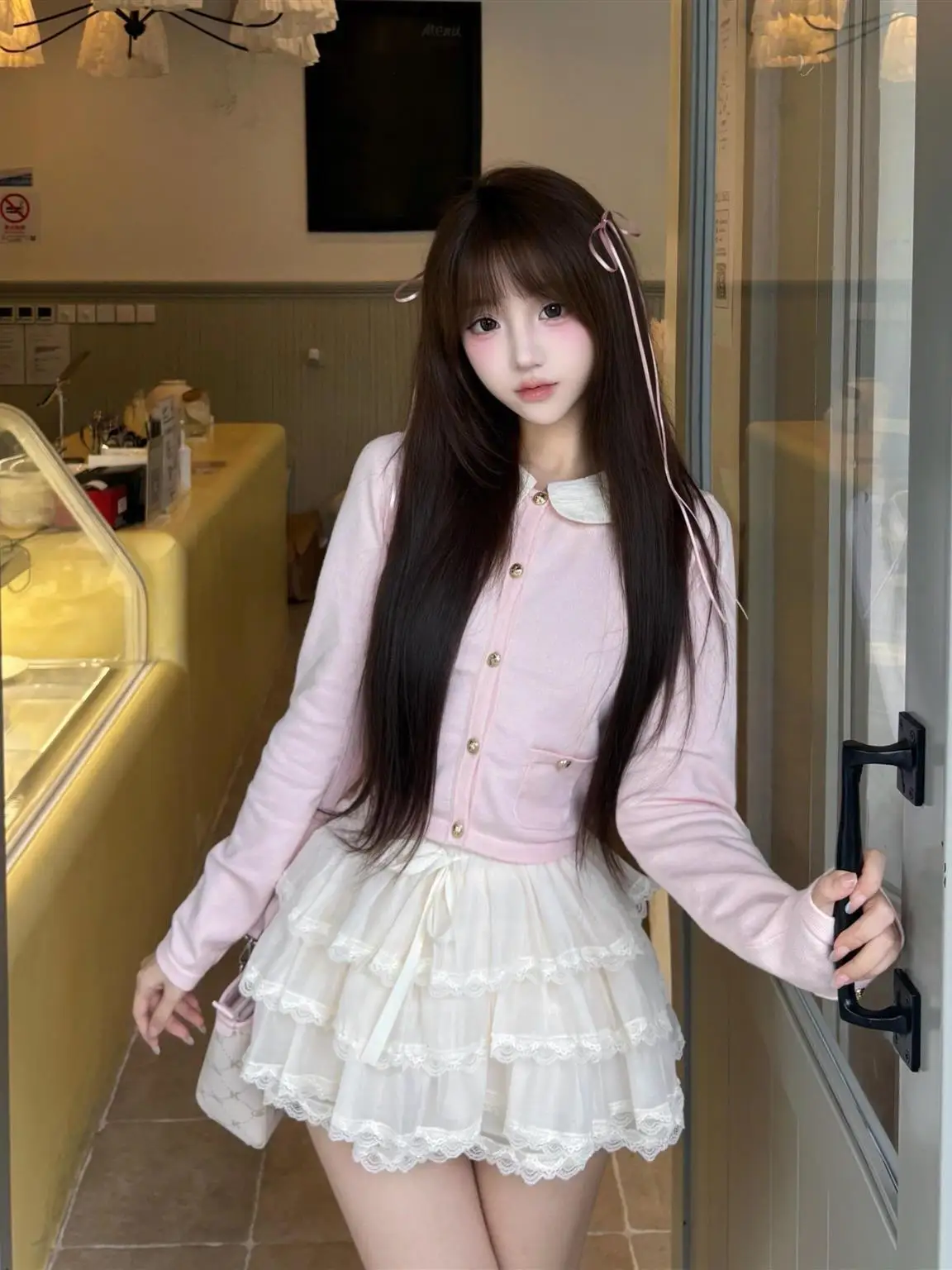 

Pink Detachable Doll Collar Knitted Cardigan Outerwear Early Autumn Top Princ Sle Faion Set Women's Long Sve