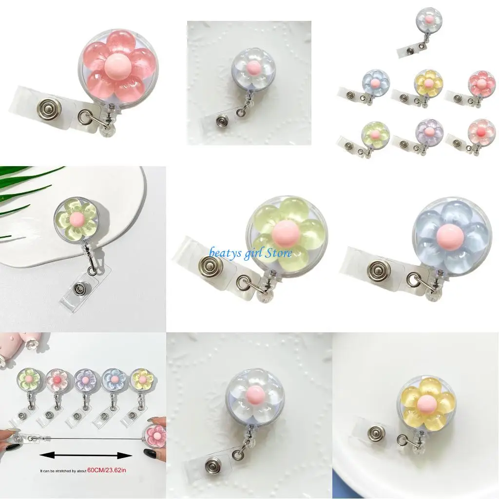 

C7AB Flower Badge Holder Retractable Badge Holder with Metal Belt Clip ABS Badge Holder Keychain Accessory For Office Worker