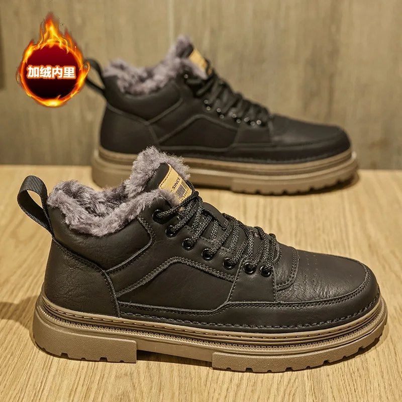 

Мужские кожаные ботинки 2026, высококачественная зимняя теплая меховая обувь до щиколотки, короткая модная нескользящая повседневная рабочая мужская обувь на толстой подошве на шнуровке