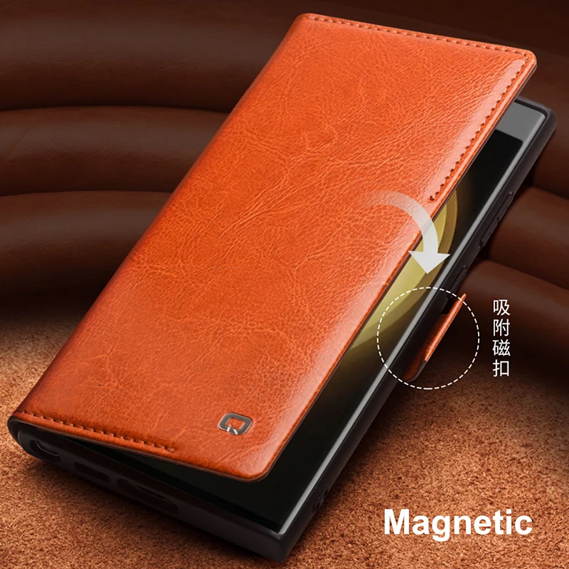 

For Samsung S22 S23 Ultra Plus Phone Cover Natural Genuine Leather Magnetic Case Galaxy S23+ Flip Business Card Holder Purse Bag