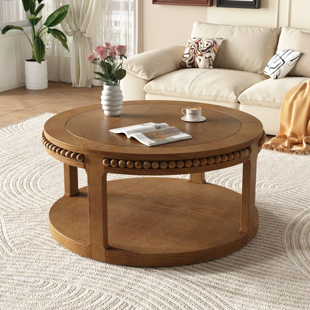 

31.5in Round Solid Wood Coffee/Sofa Table: 2-Tier Thick Top, Sturdy Legs, Living Rm (Walnut)
