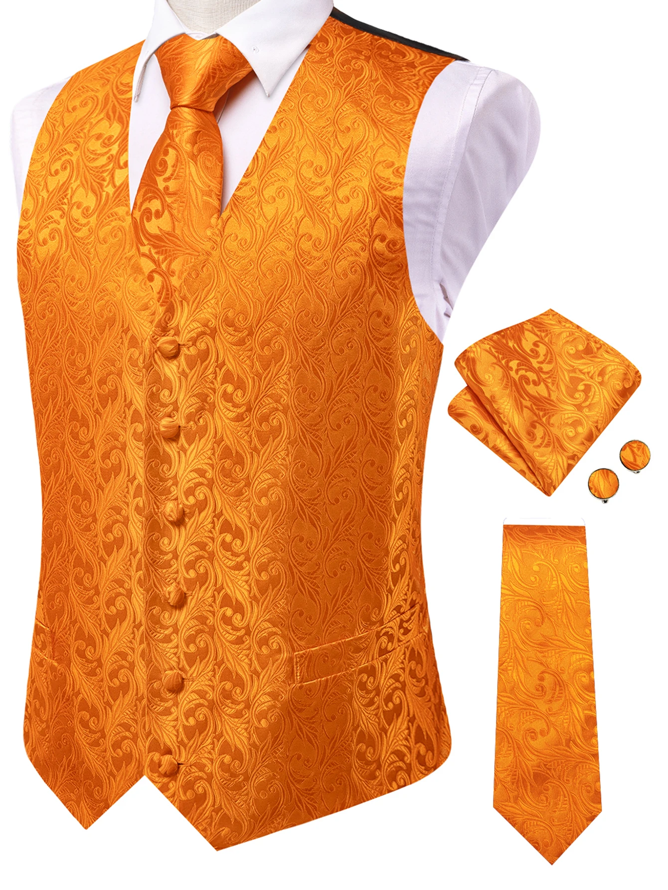 Herren Orange Blau Schwarz Tropische Pflanzen Jacquard Anzugweste Taschentuch Manschettenknöpfe 4-teiliges Set für Hochzeitszeremonien – Detail 1