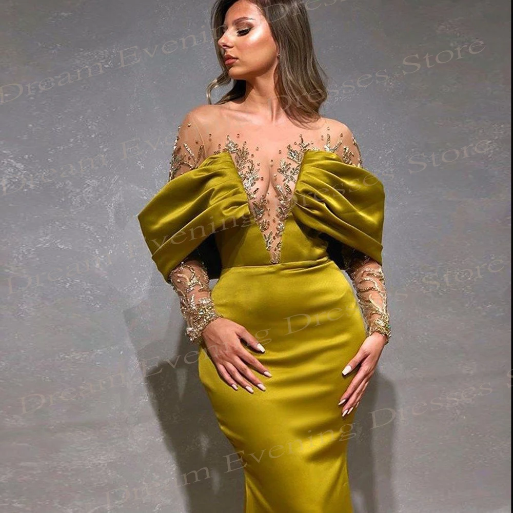 Vestido de noche con hombros descubiertos y cuentas brillantes para Mujer, Vestido amarillo encantador de sirena, escote Corazón, manga larga, Elegante