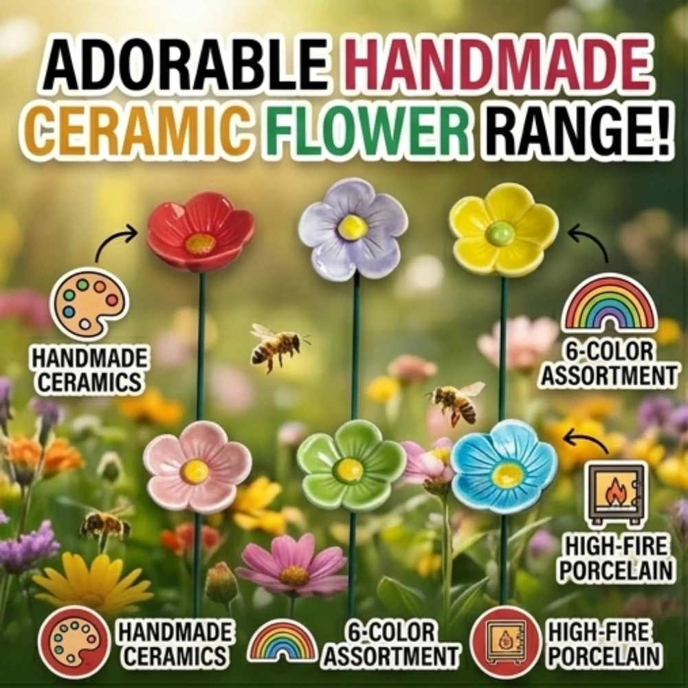 Keramik-Blumen-Bienen-Wasserspender, handgefertigter Porzellan-Gartenpfahl, dekoratives Vogelbad für Outdoor-Pflanzen, Töpfe und Gartendekoration