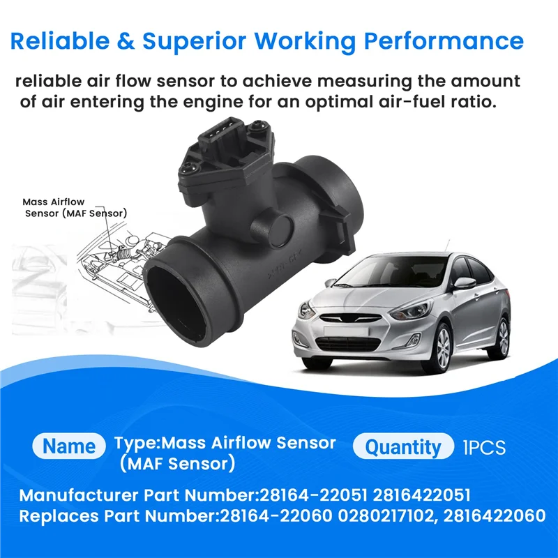 

28164-22051 MAF Air Flow Sensor For Hyundai Accent Scoupe 1.5L 0280217102 28164-22060 Car Mass Air Sensor-AU62