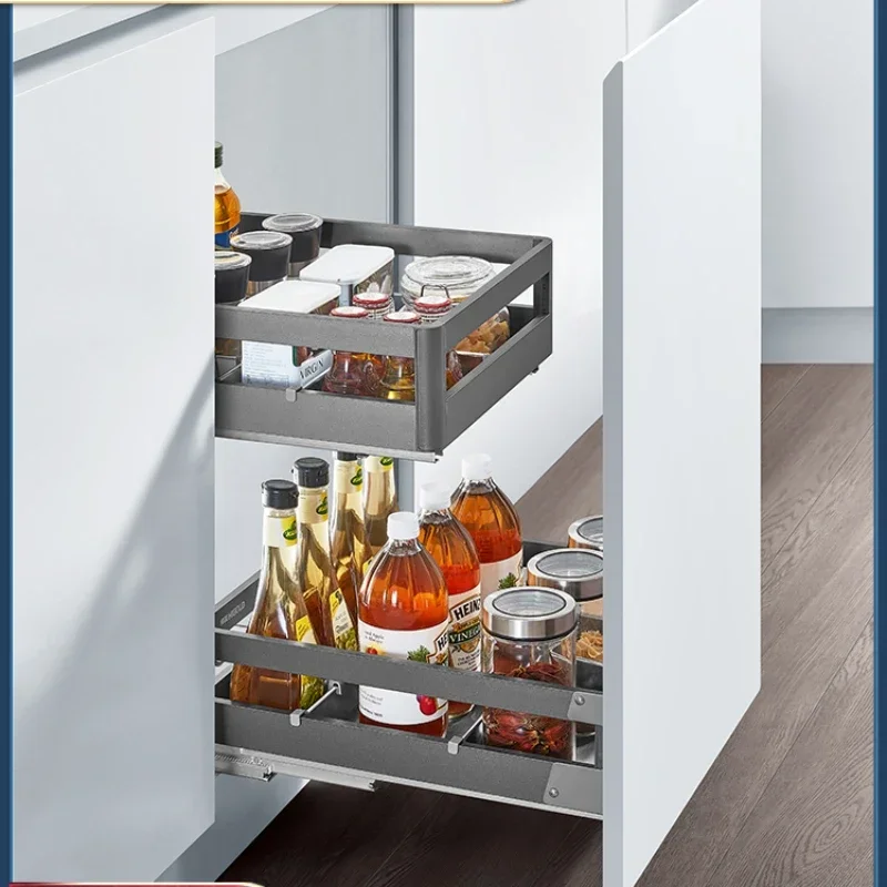 Cabinet basket drawer type double-layer 304 steel kitchen damping storage seasoning basket knife holder chopstick holder