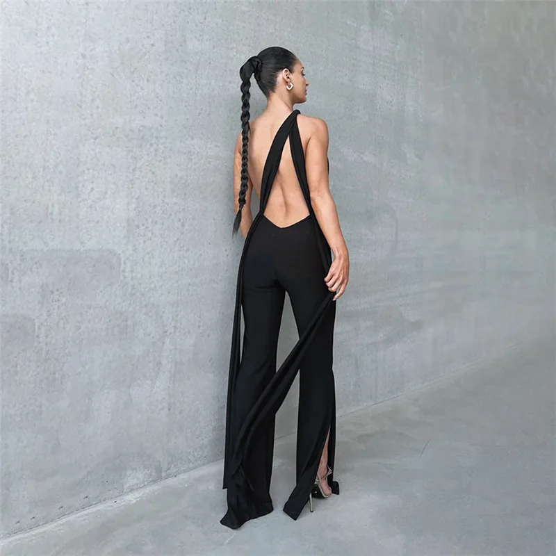 European and American Style Autumn New Women's Fashionable Hanging Neck Sexy Hollow Out Backless Slim Fit Micro Flared Slimming