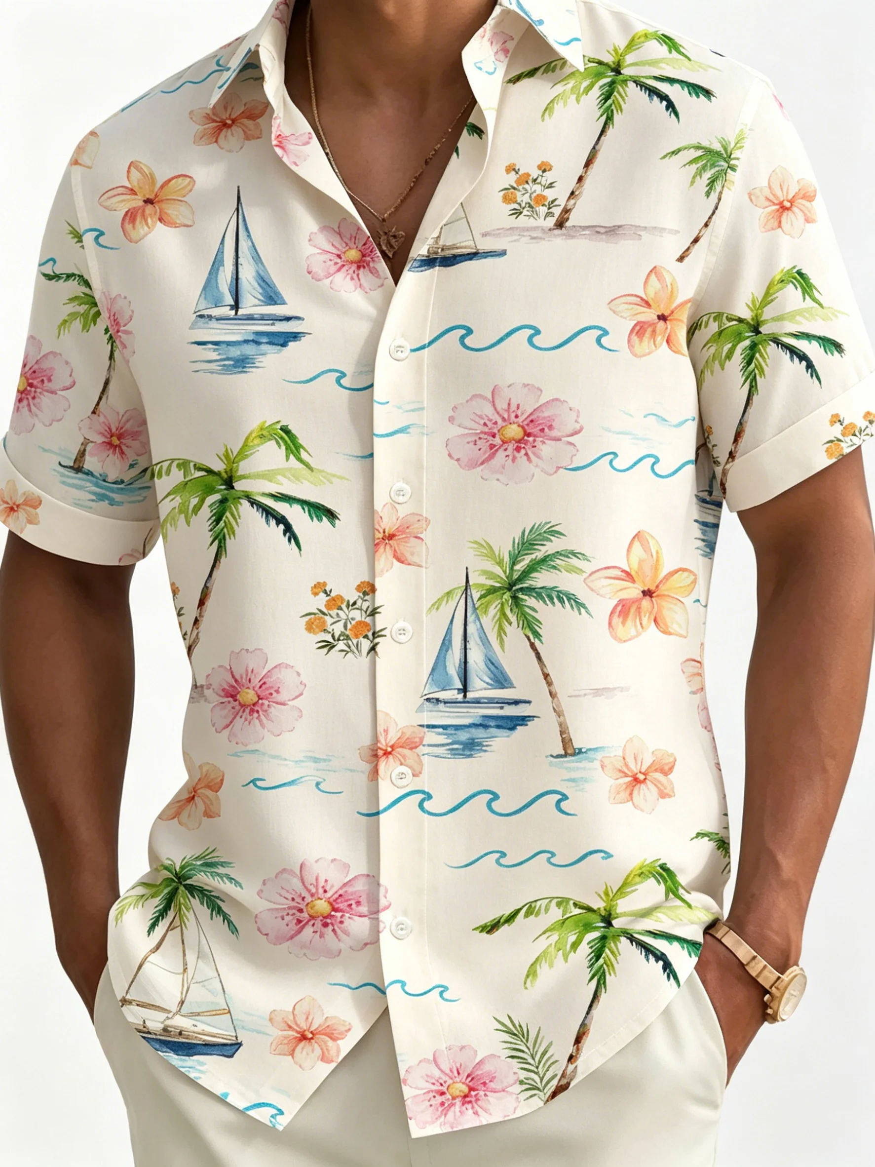 

Men's Off-white Sailboat & Plumeria Print Button Up Shirt, Turndown Collar Hawaiian Tops for Summer Beach Casual Daily Wear
