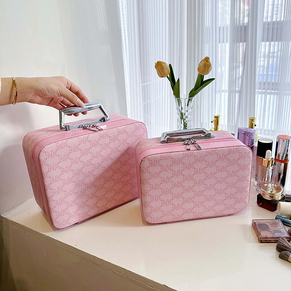 New influencer alphabet makeup bag Large capacity toiletries bag Portable styling high appearance level flat makeup case