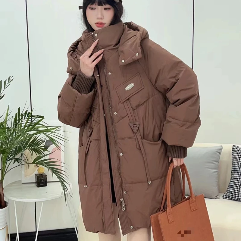 Women's Winter Jacket Hooded Down Coats Windproof Thick Loose Warm Outerwears Simple Casual Pocket Mid-length Down Jackets