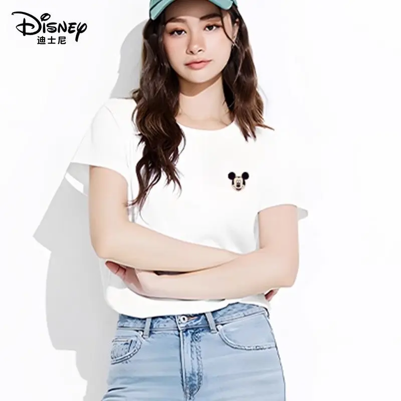 디즈니 미키 마우스 만화 프린트 코튼 티셔츠 2025 여름 신상 여성 스트리트웨어 반팔 캐주얼 탑