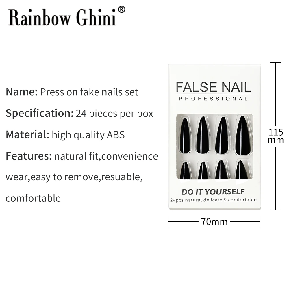 24 قطعة/الوحدة تصميم بسيط الصحافة على خنجر الأظافر الصلبة الأسود نصائح الصناعية Cutecore القوطية نمط الحد الأدنى لتقوم بها بنفسك مسمار نصائح