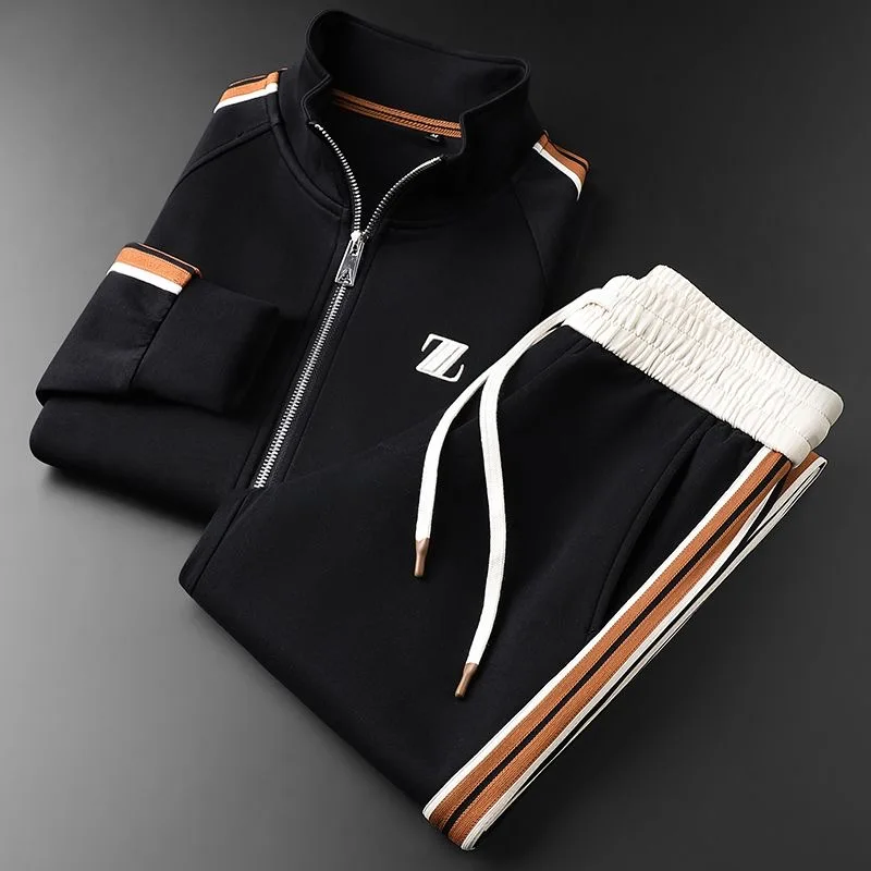 

Men's Casual Stand Collar Zip-Up Jacket & Pants Set Contrast Stripe Two-Piece Tracksuit