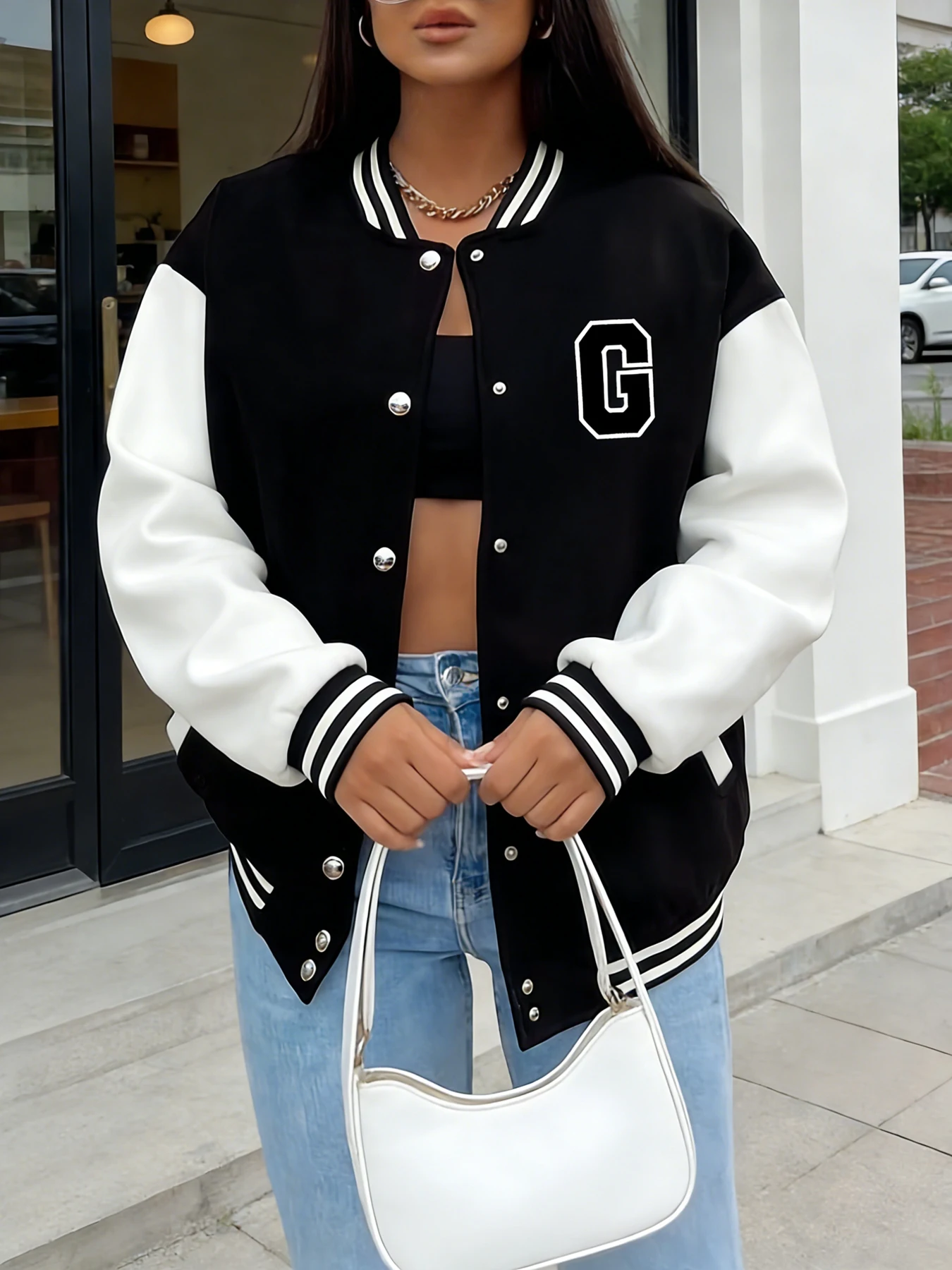 Mulheres oversized jaqueta do time do colégio carta g impressão manga longa botão frente bombardeiro jaqueta casual streetwear outerwear primavera outono