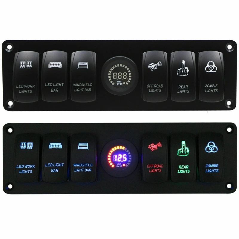 6 Gang Toggle Rocker Switch Panel Colorful LED Voltmeter for RV Car Marine Boat