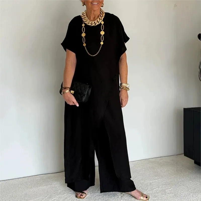 Loose Irregular 2 Piece Set for Women Short Sleeve Round Neck Long Top + Wide Leg Pants Casual Outdoor Commuting Versatile Suit