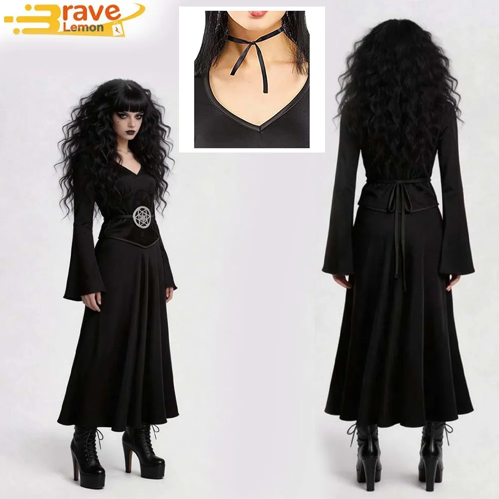 

Women Lydia Cosplay Costume Fantasy Black Dress Belt Outfit Movie Disguise Clothing Female Disfraz Halloween Carnival Party Suit