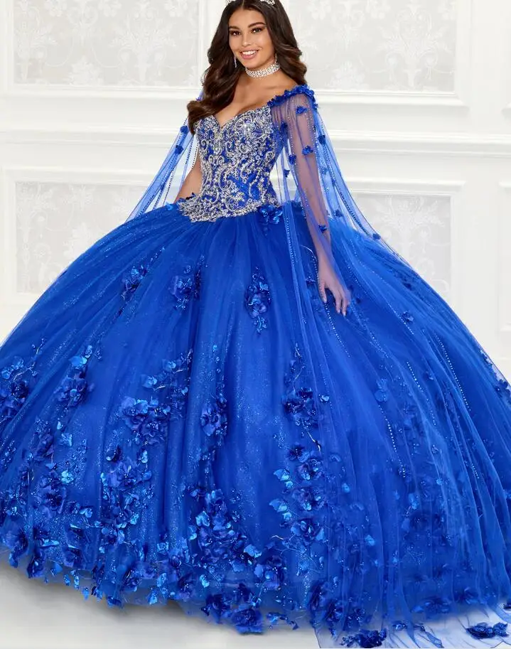 Royal Blue Fuchsia Quinceañera Dresses With Detachable Cape Off Shoulder Crystal Beaded Corset Dresses for 15 year anniversary