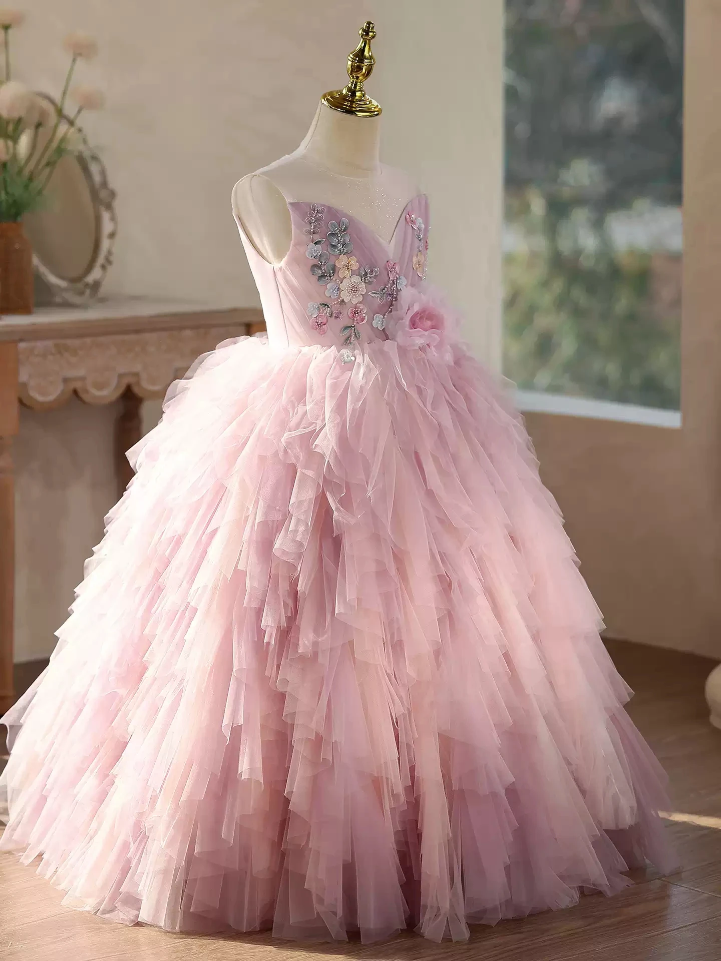 LJW Elegant girl party dress Gorgeous girl's prom long princess dress embroidered feather cake tutu skirt suitable for 10-year