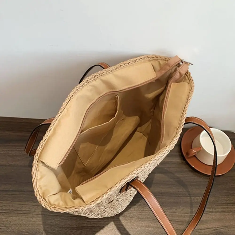 Women Casual Straw Handbags Wicker Woven Shoulder Bags Summer Beach Straw Bag Large Capacity Tote Lady Big Purses