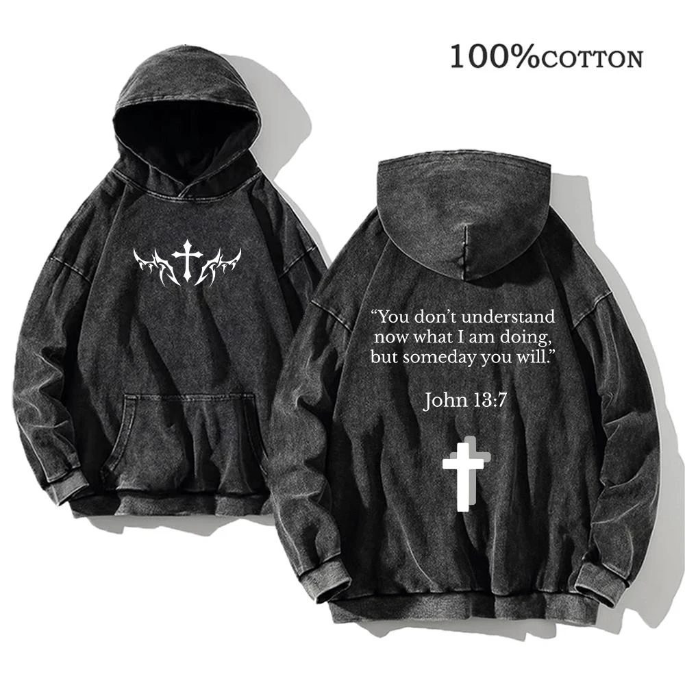 Men's Trendy Cross Print Washed Hoodies Autumn And Winter Pure Cotton Commuter Fitness Running Top Street Retro Sweatshirt