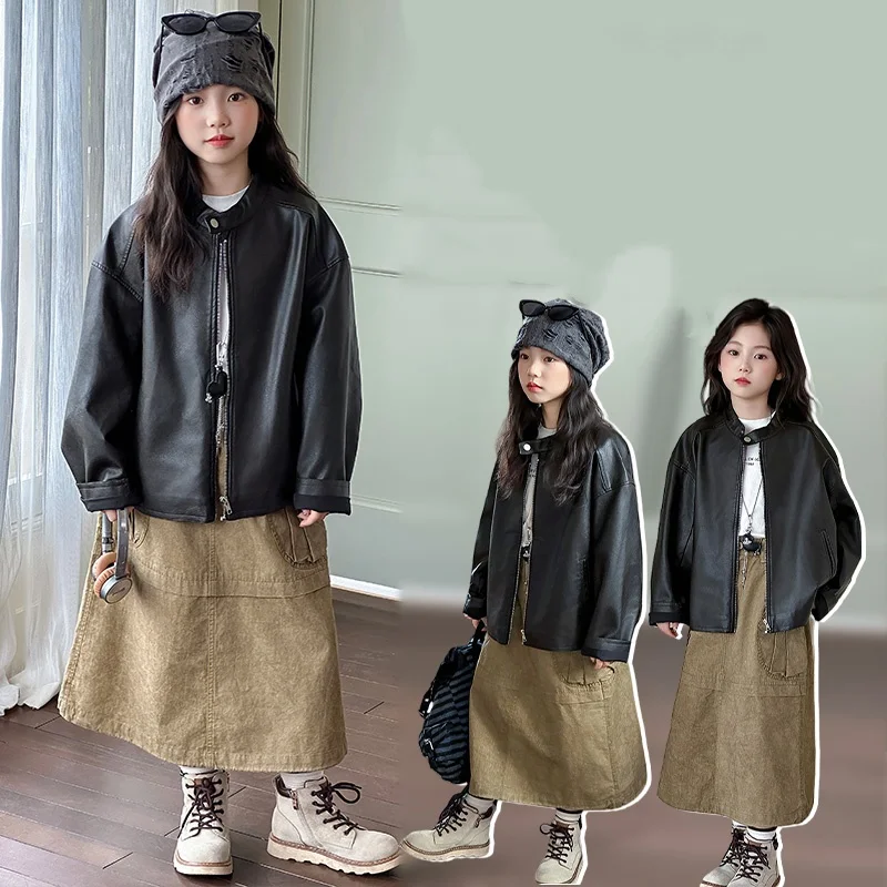 

Baby Girls PU Leather Jacket Ages 4-14Y Kids Classical Fashion Coat Tween Girl Vintage Outwear Child Korean Style Black Jacket