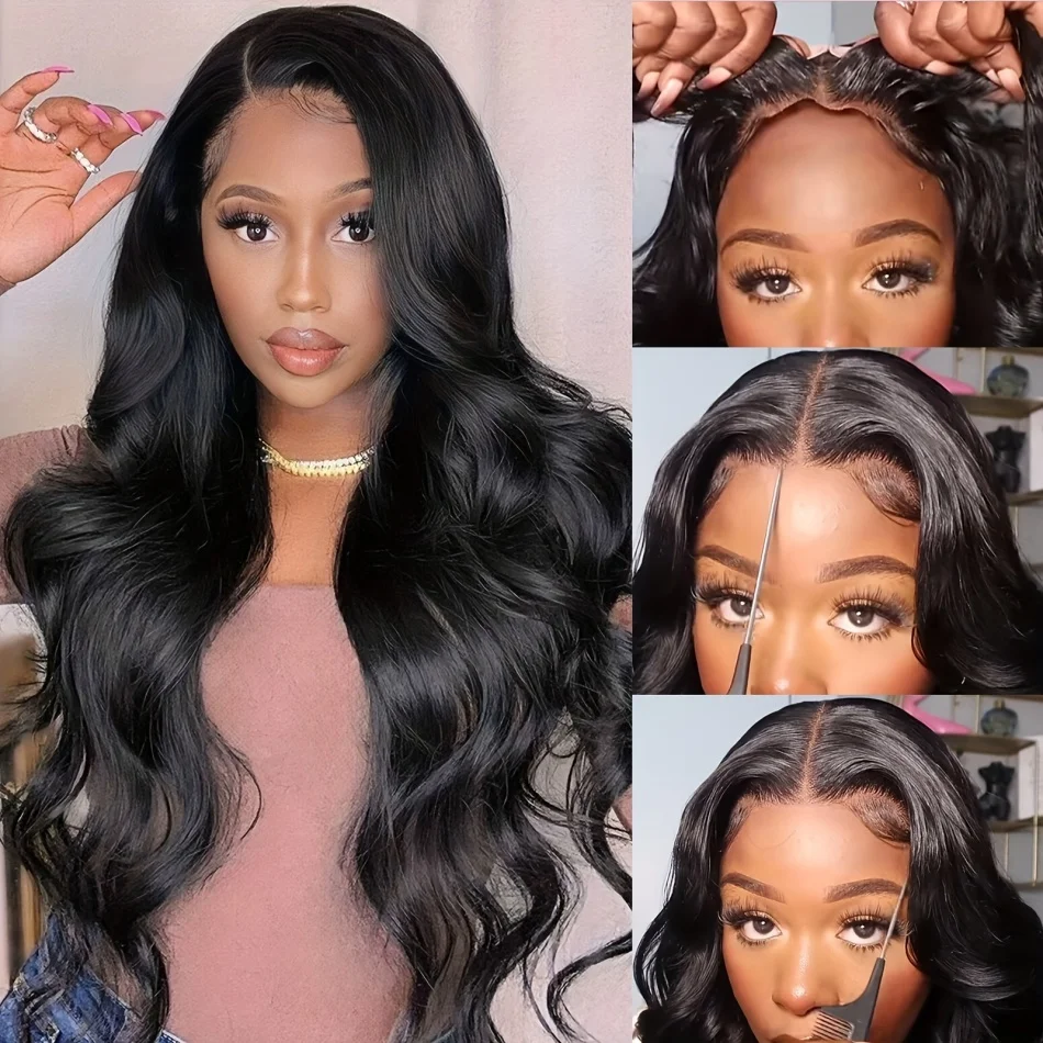 Perruque Lace Front Wig sans colle bouclée noire naturelle pour femme, cheveux humains, vague de corps, prête à porter, densité 100%, 5x5 HD, 40 po, 200