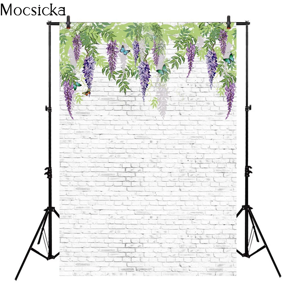 

MOCSICKA Pure White Brick Wall Photo Background Wisteria Flower Art Photography Props Adult Studio Banner Backdrops