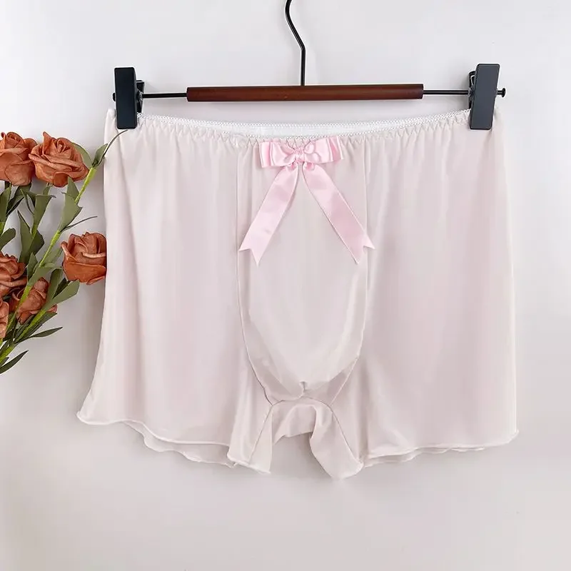 Slip boxer da uomo in seta di ghiaccio morbido con papillon rosa Sissy Mutandine a vita bassa Spettacolo dal vivo Costumi sexy da ballo Costumi sexy per feste BF