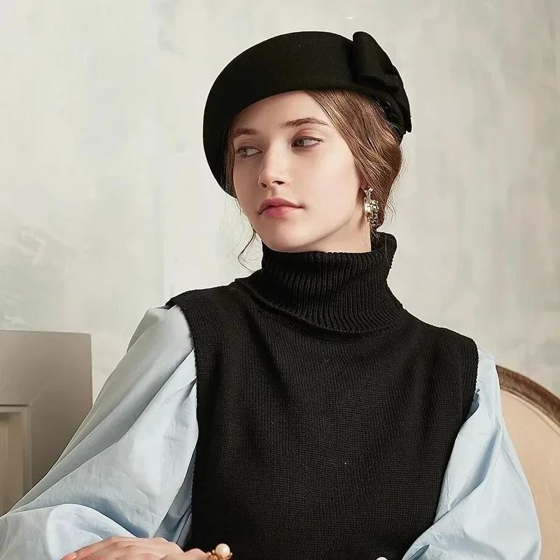 New Vintage Bow 100% Wool Berets Fedoras Hat Women Autumn Winter Korean Version Fashion Warm Pillbox Hat Stewardess Painter Hat
