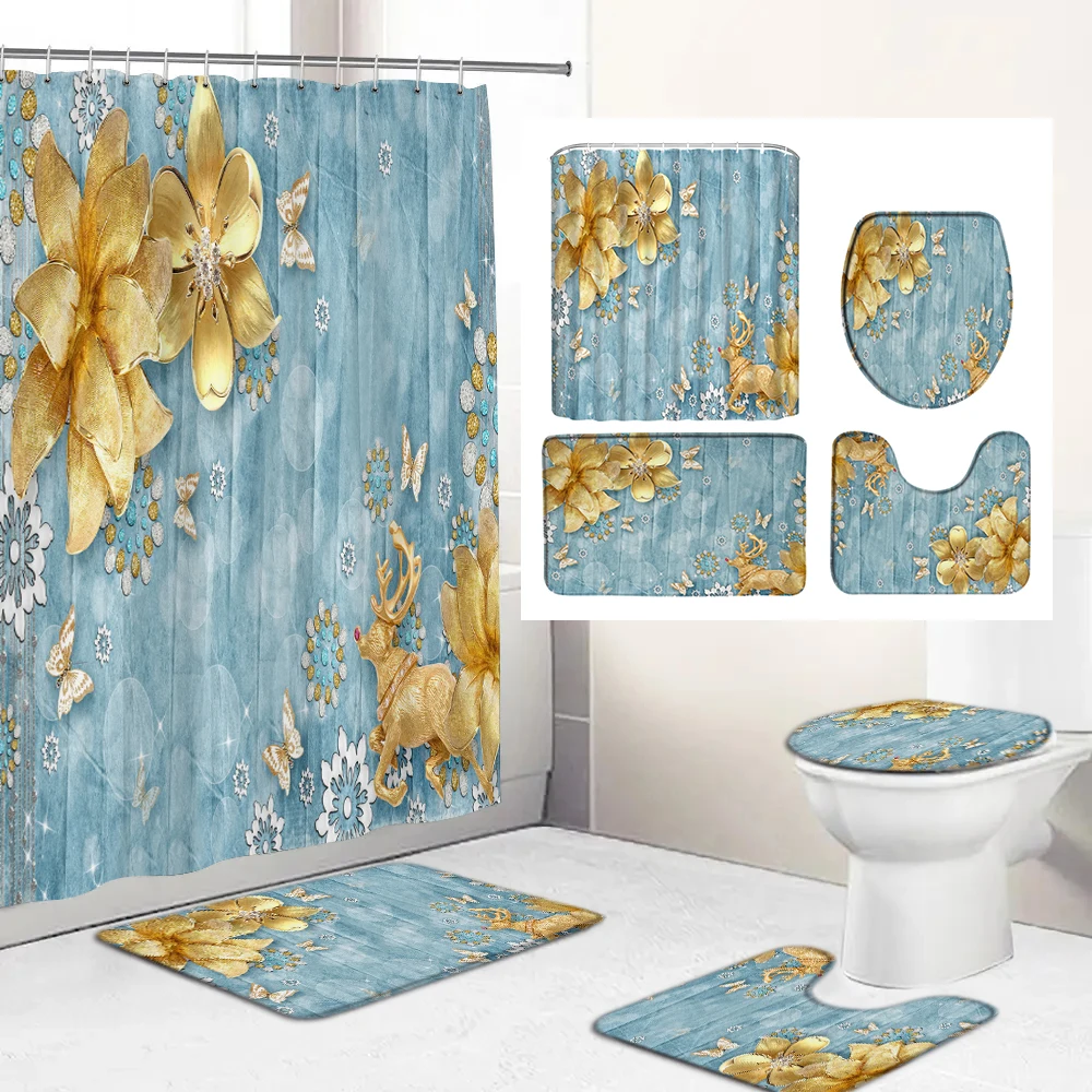 Elegant Bouquet of Fantastic Flowers 3D European Style Shower Curtain Bathroom Curtain and Bath Rug Carpet Set Floral Home Decor