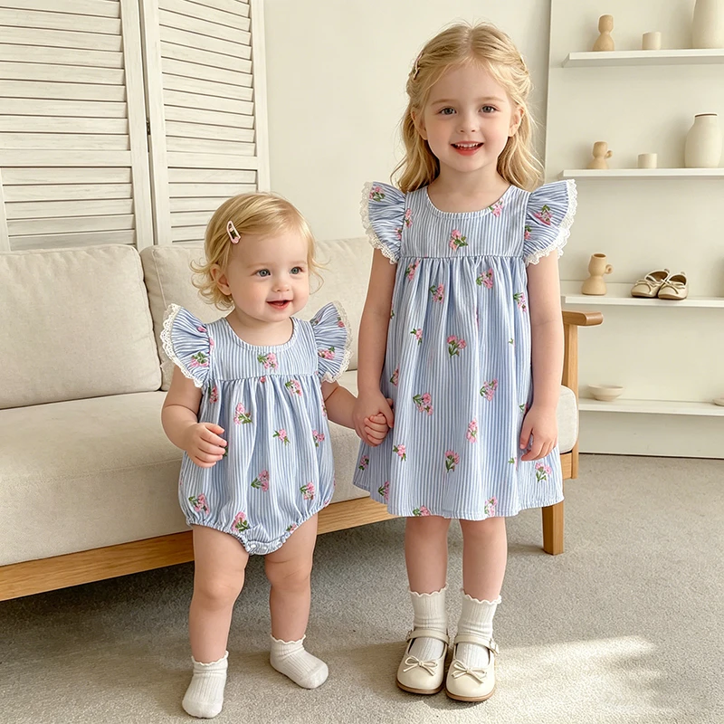 2026 Sommer-Sister-Blue-Kleidung 0-24M Baby Mädchen Flügelärmel Stickerei Baby Body 2-6 Jahre Süßes Partykleid Kinderkleider