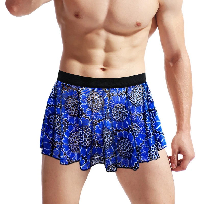 Men Lingerie Skirt Bodysuit Colorful Lace Pleated Skirts Vintage Floral Printed Clubwear Underwear Underpants Briefs Male