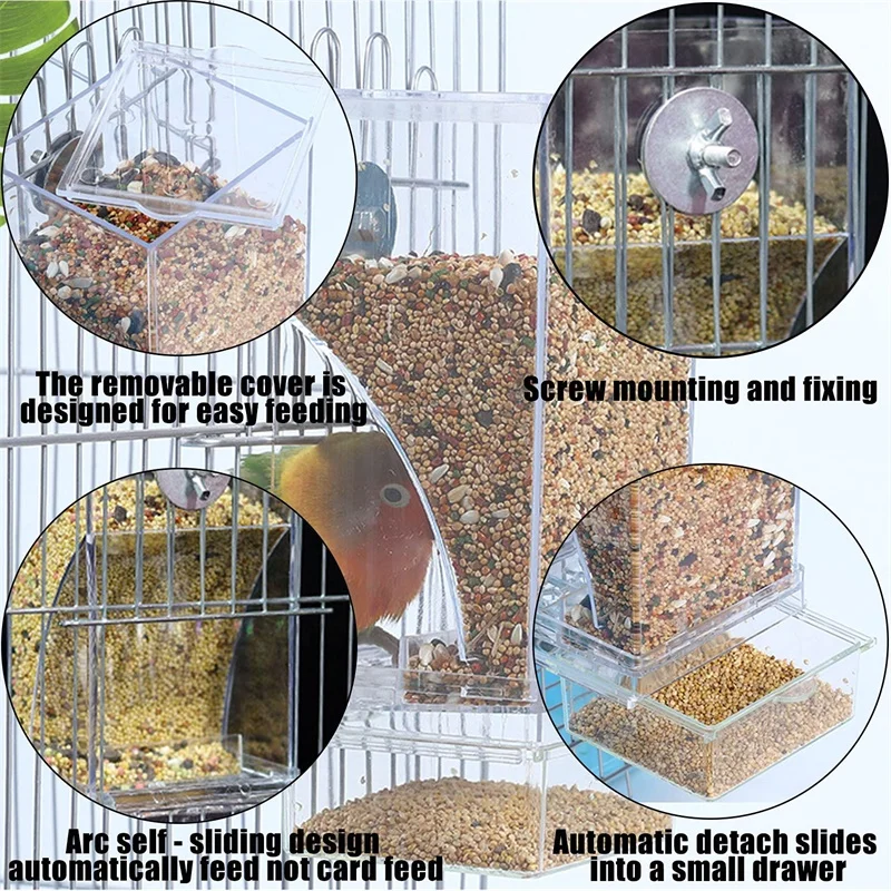 No Mess Bird Feeders Automatic Parrot Feeder Drinker Acrylic Seed Food Container Cage Accessories For Small And Medium Parakeets