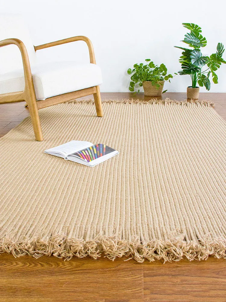 Handmade Tassel Rug 100% Jute Natural Braided Floor Mat Rectangle Rug Modern Living Room Japanese Style Rugs Carpets for Bedroom