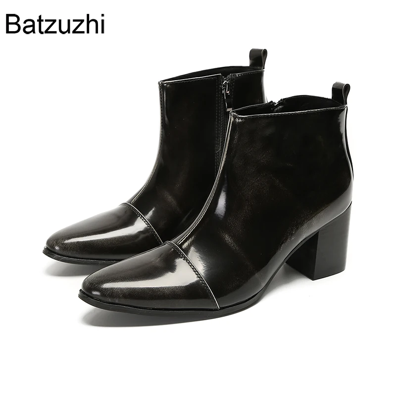 

Batzuzhi 7CM High Heel Men's Shoes Pointed Toe Zip Luxury Handmade Black Genuine Leather Ankle Boots Man Fashion Party Botas