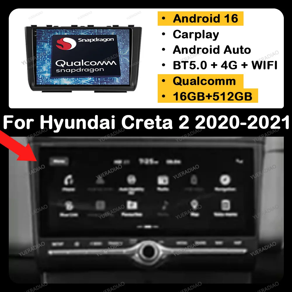 Radio para Auto Android 16 para Hyundai Creta 2 IX25 2020-2021, Qualcomm, Bluetooth, GPS, Navegación, 4G, WIFI, Unidad Principal Multimedia, Reproductor de Video Estéreo