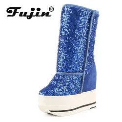 Fujin 14cm 2024 Synthetic Women High Brand Knee Booties Bling Luxury Ankle Boots Designer Shoes Autumn Spring Slip on Sneakers