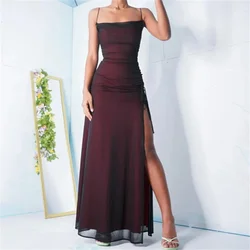 2023 Sexy Red Spaghetti Straps Tulle Prom GownHigh Side Slit Cocktail Party Floor Length Evening Dresses For Women