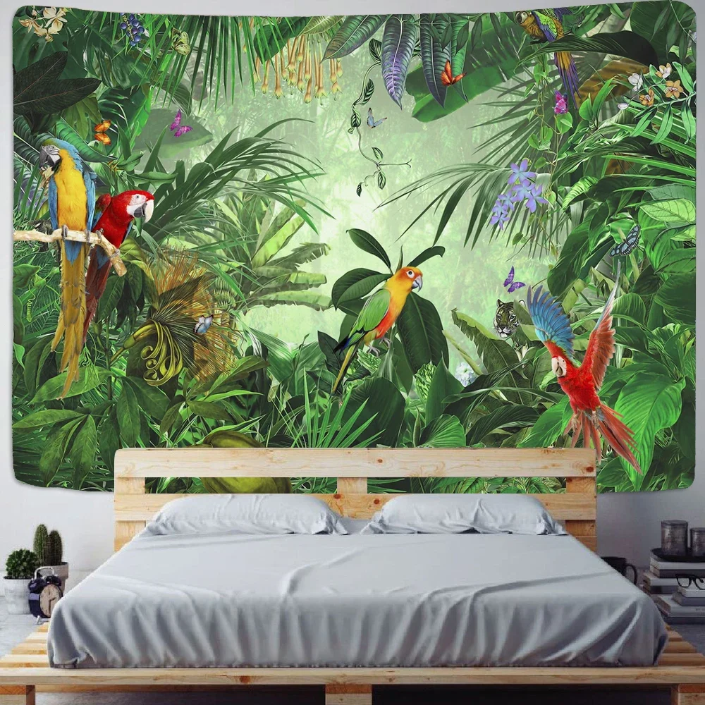 Tropical Rainforest Plant Animal Tapestry Wall Hanging Natural Scenery Bohemian Hippie Art Tapestries Mattress Table Home Decor