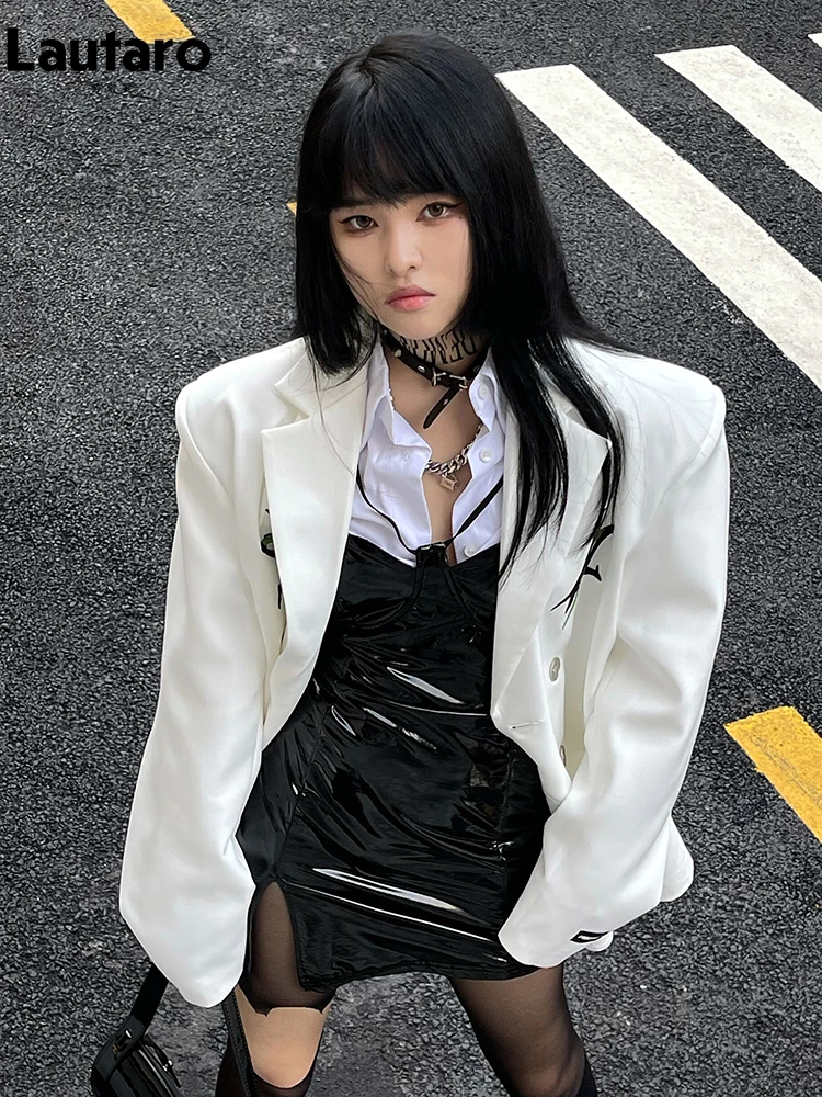 Lautaro Spring Black Sexy Cool Backless Shiny Reflective Patent Faux Leather Spaghetti Strap Mini Dress Women with Slit 2023