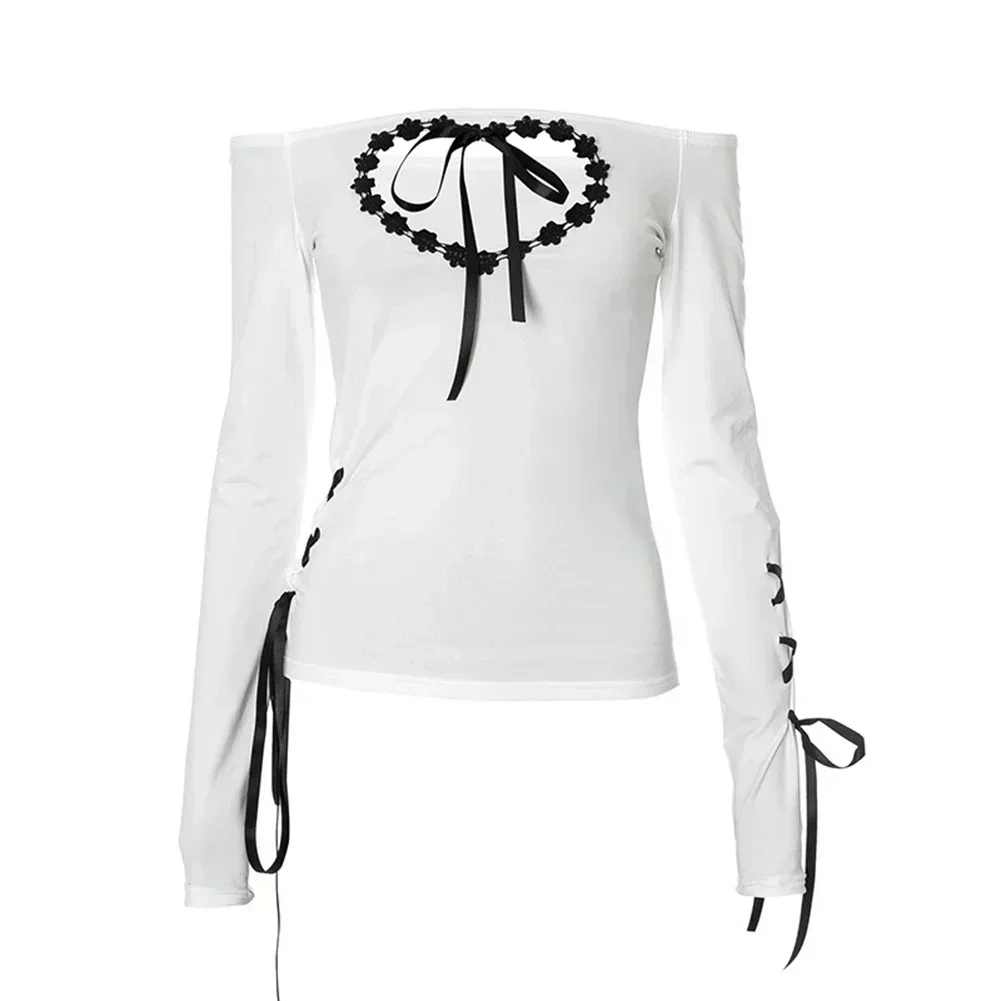 

Autumn Outfit L Hot Girl Style Heart Hollow Lace T-shirt Lace Casual Long Sleeve Brand New Casual Style Slightly Elastic Fabric