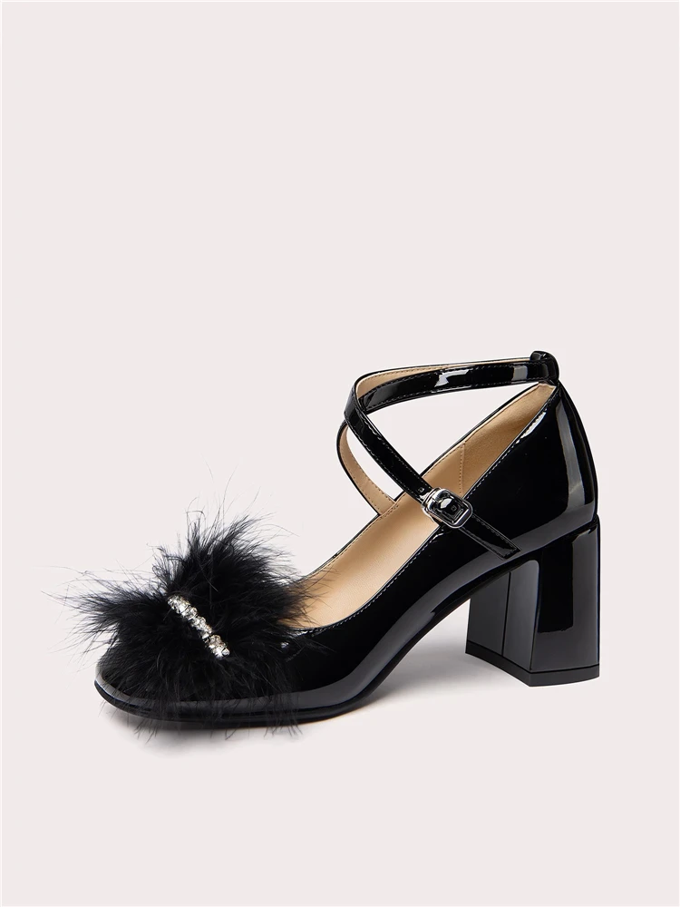 Spring new square toe patent leather rhinestone fur single shoes square heel high heel banquet large size small size women shoes