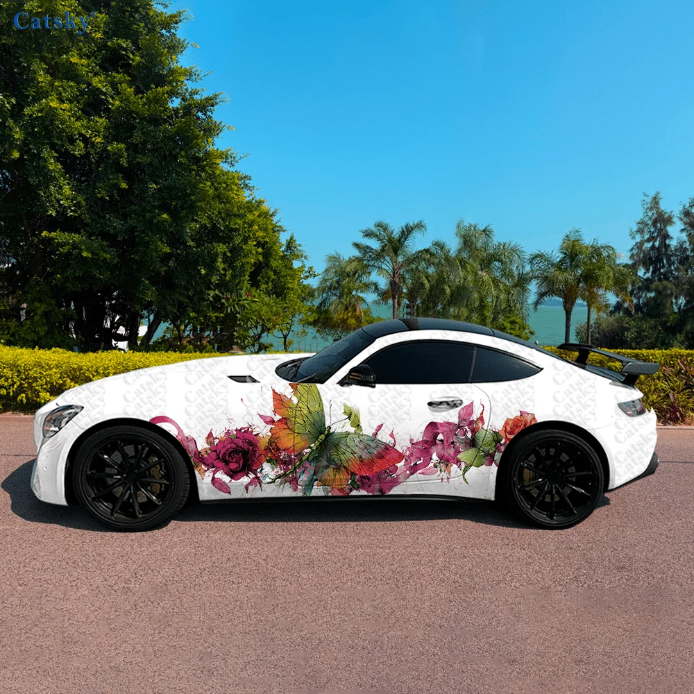 

Colorful Rose Butterfly Car Side Sticker Decor, PVC Waterproof Scratch Resistant Decal, Car Protection, Auto Accessories Gift