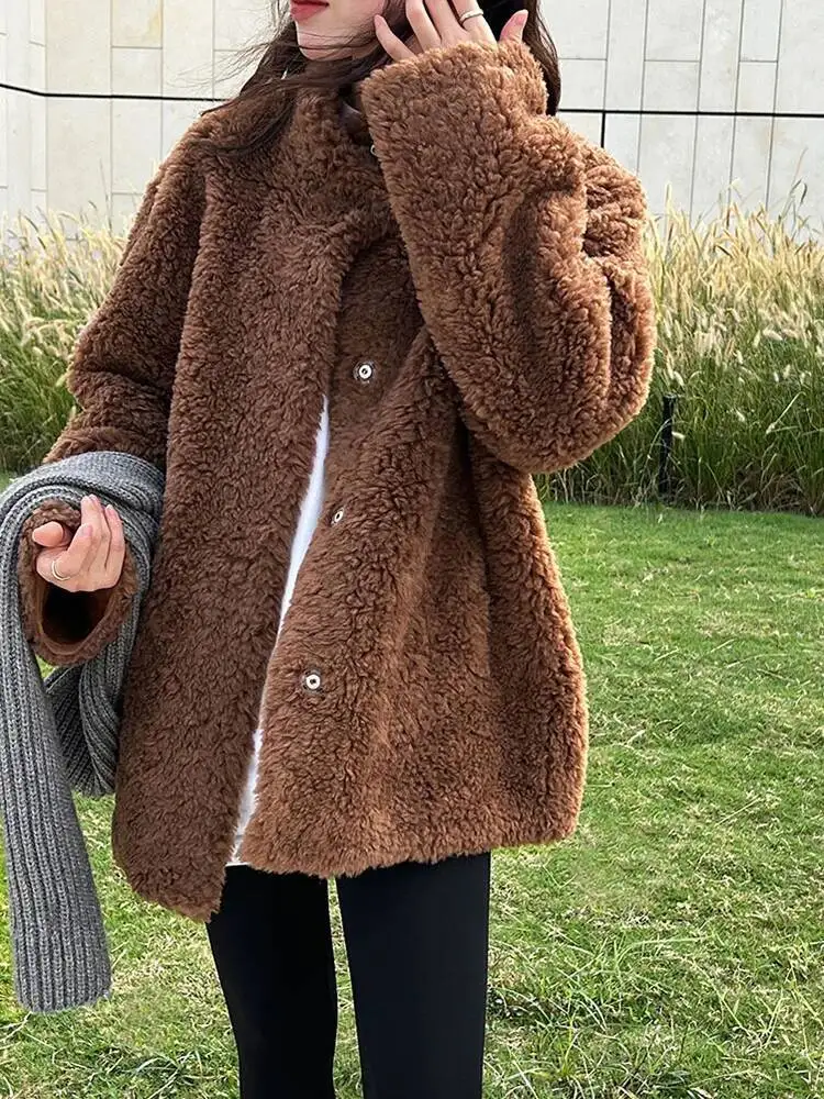 

Бежевая толстая куртка большого размера из овечьей шерсти, новое женское пальто с воротником-стойкой и длинными рукавами, модное осенне-зимнее пальто